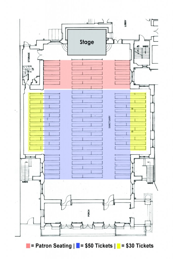 Seating chart for the Gene Shay Tribute show at the UU Church in Philadelphia, PA