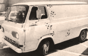 Family van with bullet holes after raid on an L. A. gun store (1971) (source: cielodrive.com)