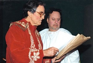 Revels founder Jack Langstaff and Jerry Epstein backstage at a Christmas Revels performance