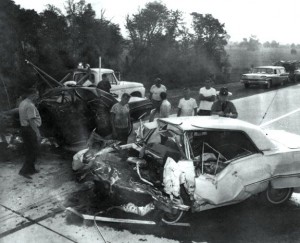 June 20, 1965: Ira Louvin, his wife, and four others died in a head-on collision in Williamsburg, Missourri (newspaper photo, source unknown)