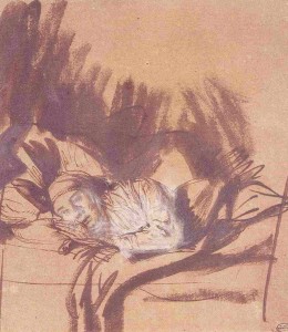 Rembrandt van Rijn: "Sick woman lying in bed, probably Saskia" (1638) (Wikipedia)