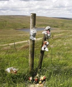 Makeshift memorial by mother of Moors victim, Keith Bennett (2014) (unsourced news photo; mirror.co.uk)