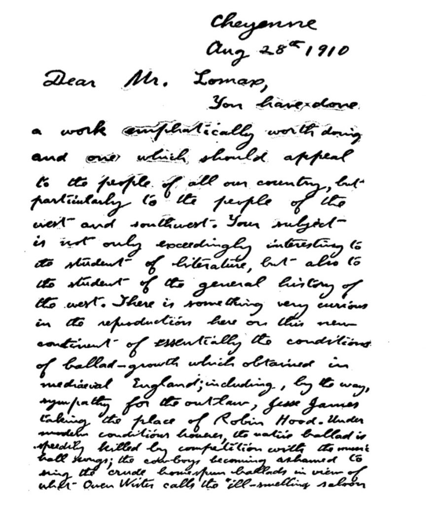 Roosevelt's handwritten introduction to John A. Lomax's anthology