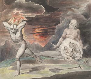 William Blake: "Cain Fleeing from the Wrath of God" (drawing, c.1805) (Harvard Art Museums/Fogg Museum; Wikipedia).